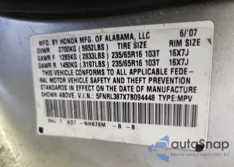 2007 Honda Odyssey Exl from USA, damaged, VIN 5FNRL387X7B094448